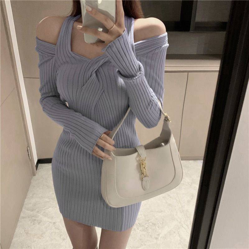 Váy body Đầm body Đầm Dệt Kim Tay Dài Hở Vai Màu Xám / Xanh Dương Thời Trang Mùa Thu Hàng Mới 2021 Dành Cho Bạn Nữ