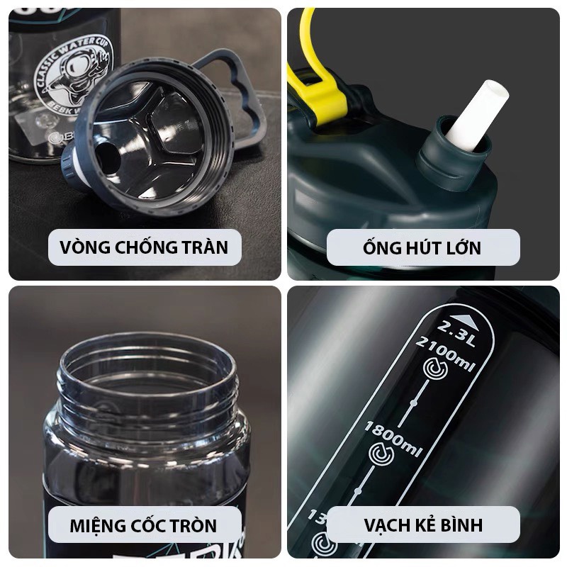 Bình Nước Thể Thao Có Chia Vạch, Ống Hút & Tay Cầm INDIBOT