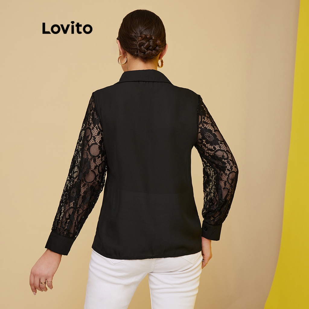 18de-Áo kiểu Lovito có cổ phối ren tương phản thanh lịch L17X345 (màu đen)