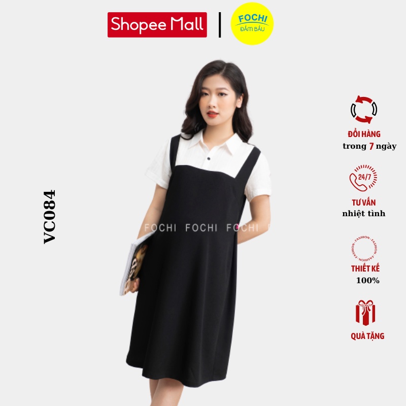Đầm bầu cát lụa hàn màu đen thiết kế dáng suông chữ A phối hợp cổ đức thanh lịch, nữ tính Fochi VC084