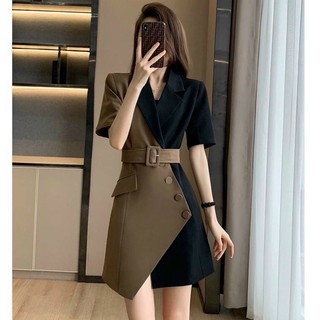 𝐇𝐀̀𝐍𝐆 𝐍𝐇𝐀̣̂𝐏-ĐẦM CỔ VEST PHỐI MÀU KÈM BELT CAO CẤP TẶNG KÈM HOA TAI THỜI TRANG