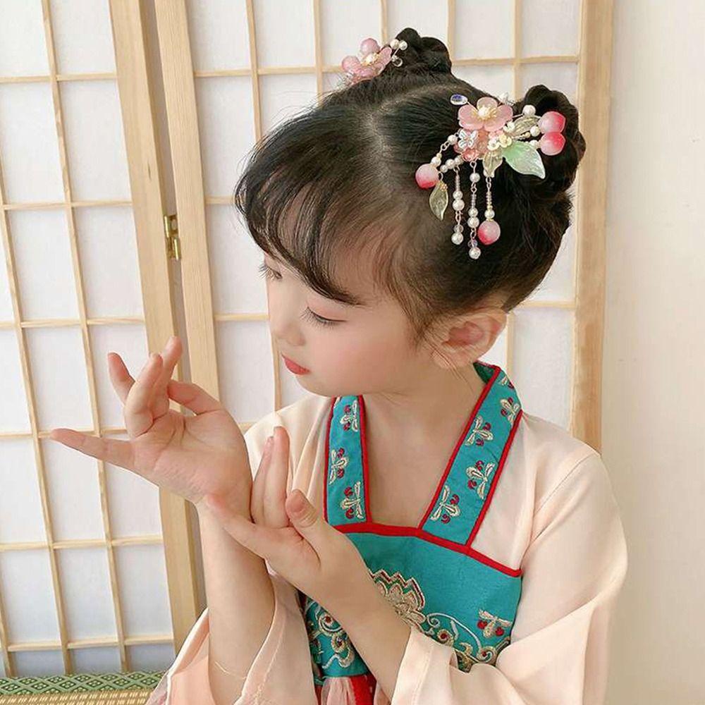 Trâm Cài Tóc Hình Hoa Phối Tua Rua Phong Cách Hanfu Thời Trang Xinh Xắn Cho Bé Gái