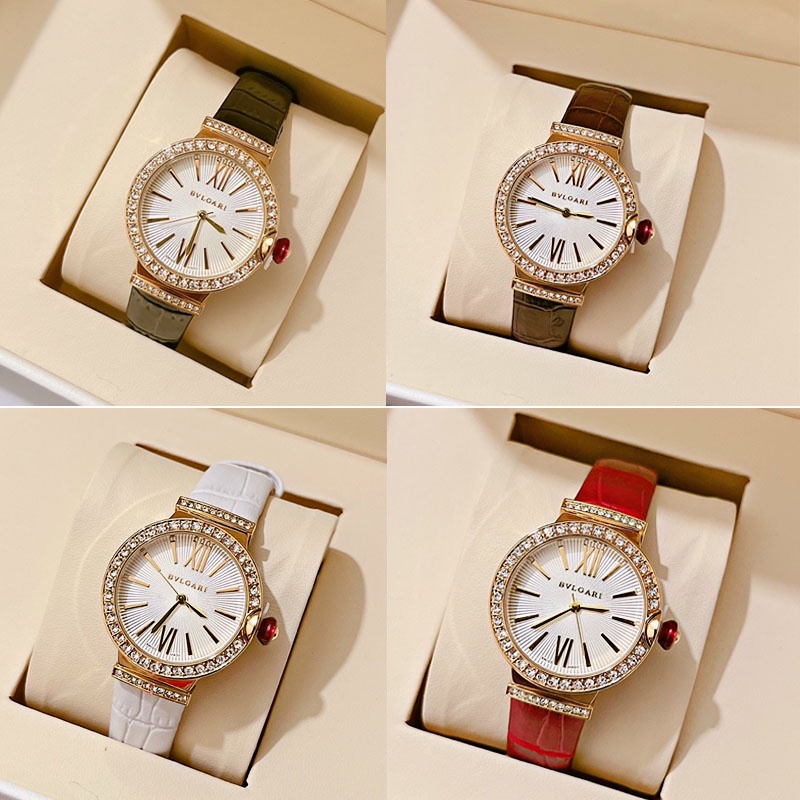 Đồng hồ thời trang nữ BVLGARI viền dính đá lắp lánh, dây da, mặt tròn thời trang cao cấp bảo hành 3 tháng