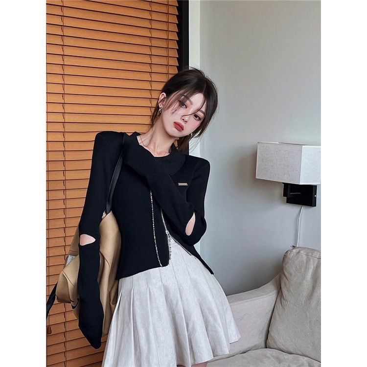 Áo Cardigan Dệt Kim Tay Dài Phối Khoá Kéo Thiết Kế Hợp Thời Trang