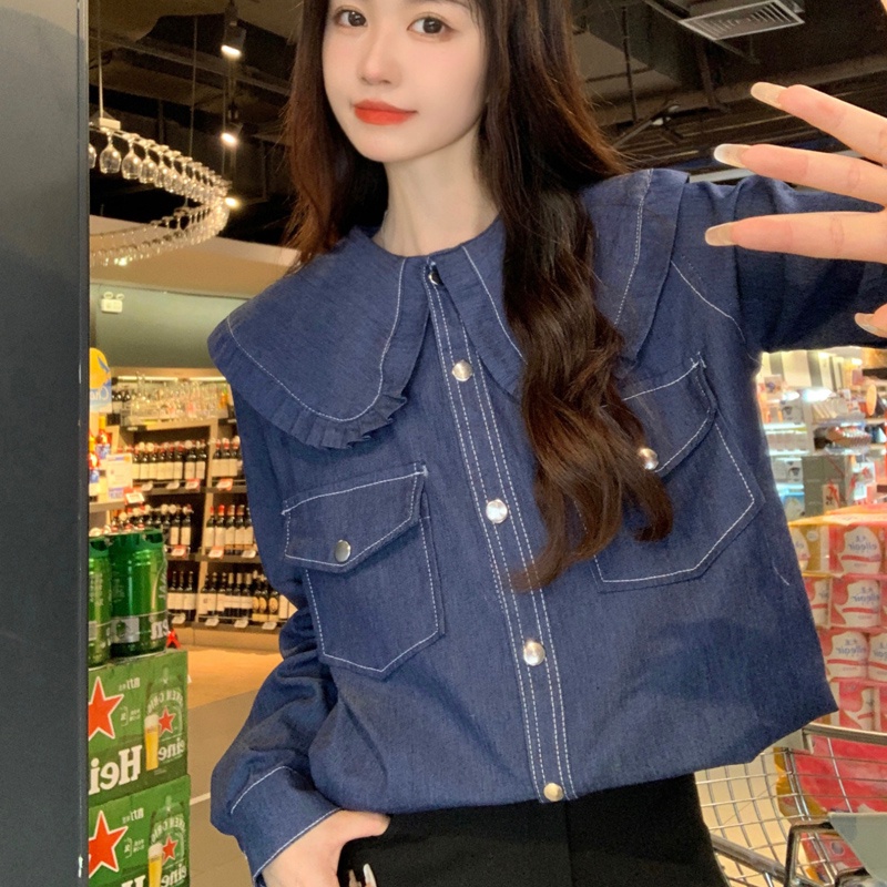Áo sơ mi SUXI vải denim dài tay dáng rộng cổ búp bê phong cách Hàn Quốc vintage dễ phối đồ cho nữ