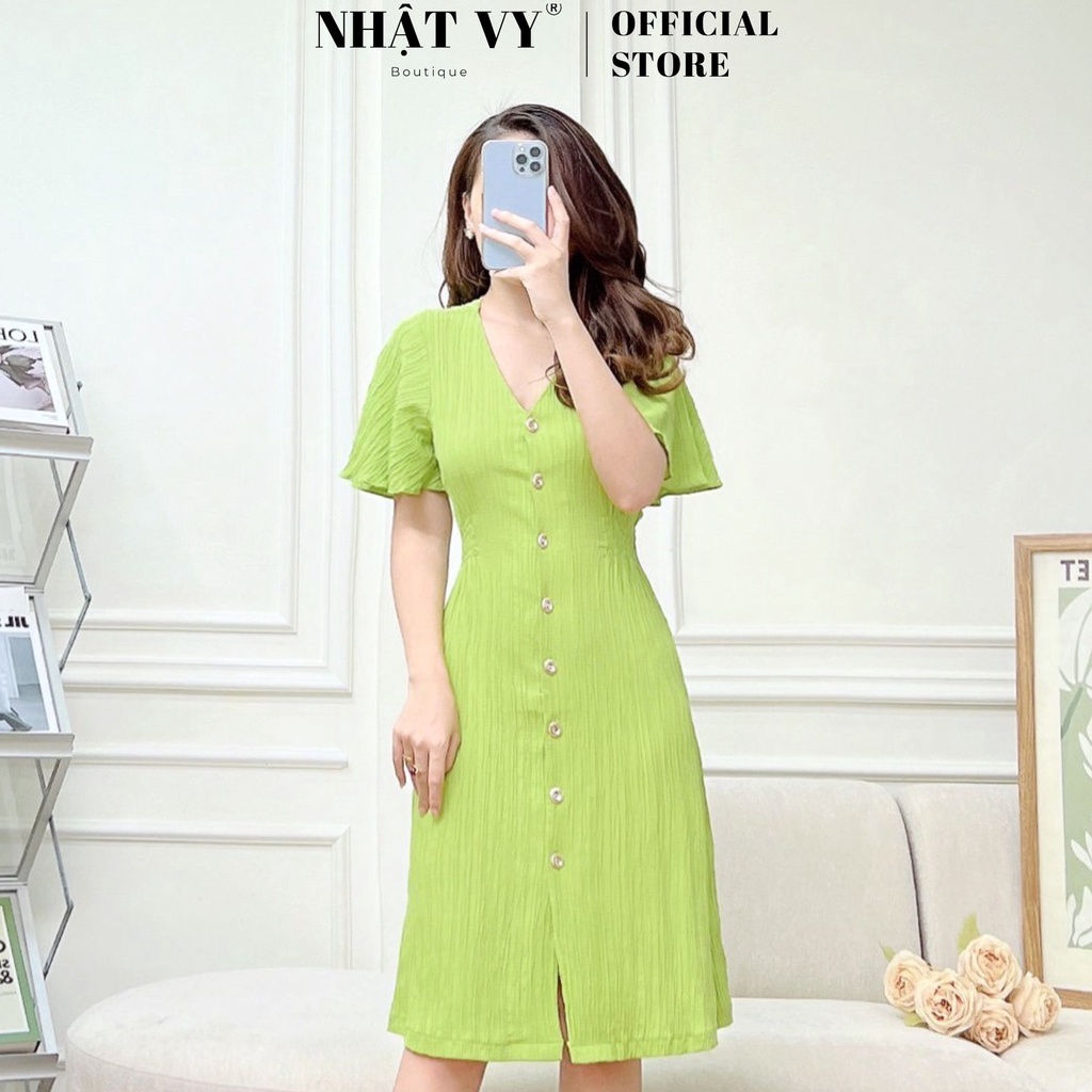 Đầm dự tiệc Nhật Vy cổ tim tay cánh tiên cài cúc eo bo thun chất tơ vân phù hợp đi chơi, cafe sang chảnh - D2505