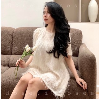 Đầm kem lông lấp lánh có tay