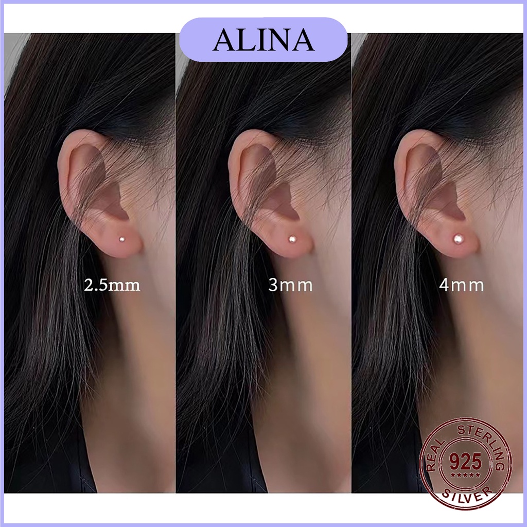 Bông Tai Bạc 925 Bi Tròn Không Đá Đơn Giản Khuyên Nụ Đeo Vành Tai Alina 0408