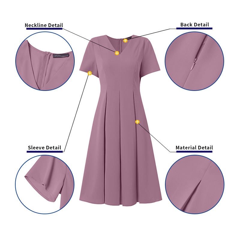 Đầm ZANZEA ngắn tay cổ chữ V xếp ly lưng cao vừa phối khóa kéo thời trang thanh lịch cho nữ
