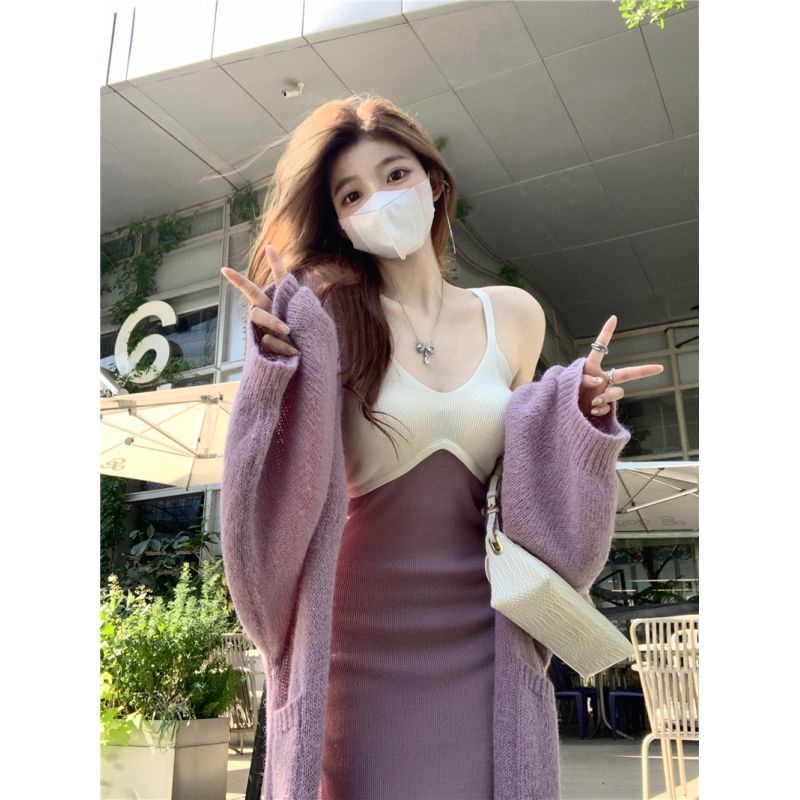 Set Áo Khoác Cardigan Dệt Kim + Đầm Hai Dây Phong Cách Hàn Quốc Thời Trang Thu Đông Hàng Mới Dành Cho Bạn Nữ