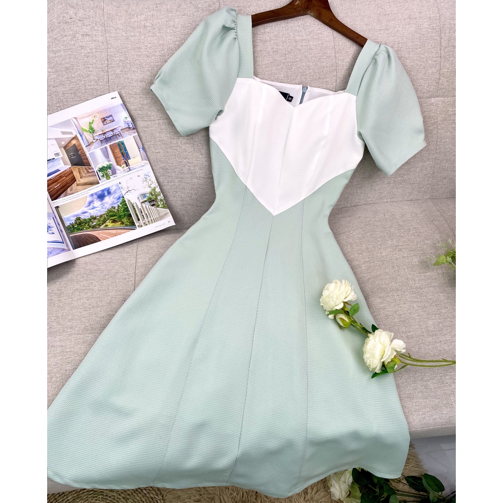 Đầm nữ công sở cổ vuông dáng dài xòe thanh lịch thiết kế cao cấp xanh xinh đi làm đi tiệc eo tôn dán