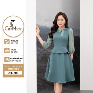 Đầm công sở citi mode fashion thiết kế peplum dáng xòe thêu hoa dài tay dh3703