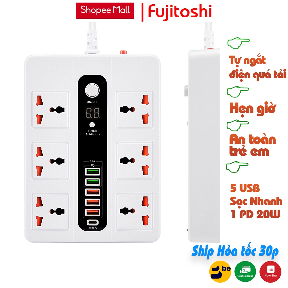 Ổ cắm điện thông minh Fuhitoshi Có hẹn giờ Ổ cắm 5 Cổng usb sạc nhanh 1 Cổng sạc PD 20w Chịu tải 3000W