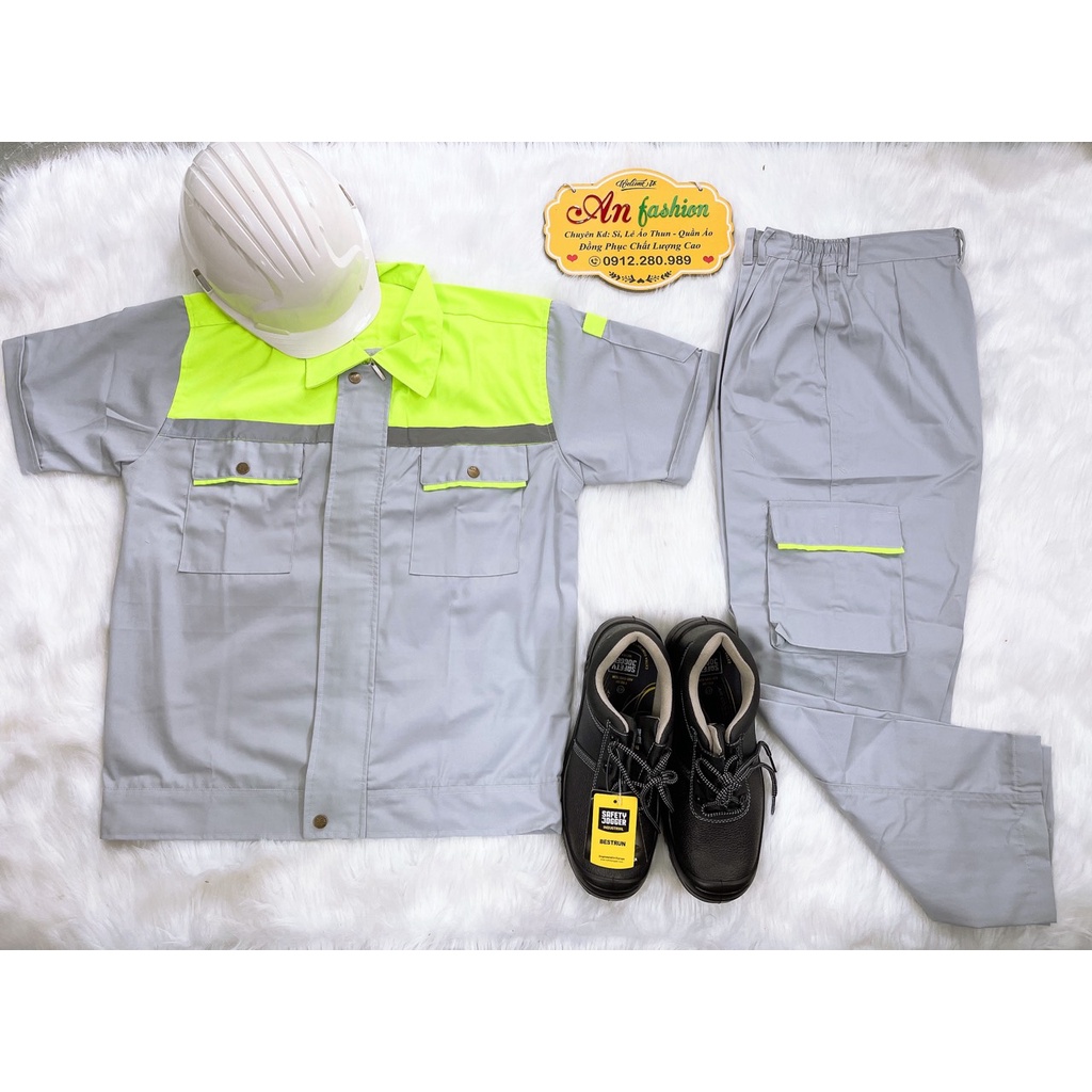 Đồ bảo hộ lao động, Quần áo công trình vải kaki may đẹp màu xám phối xanh tay ngắn _ Hình chụp thật