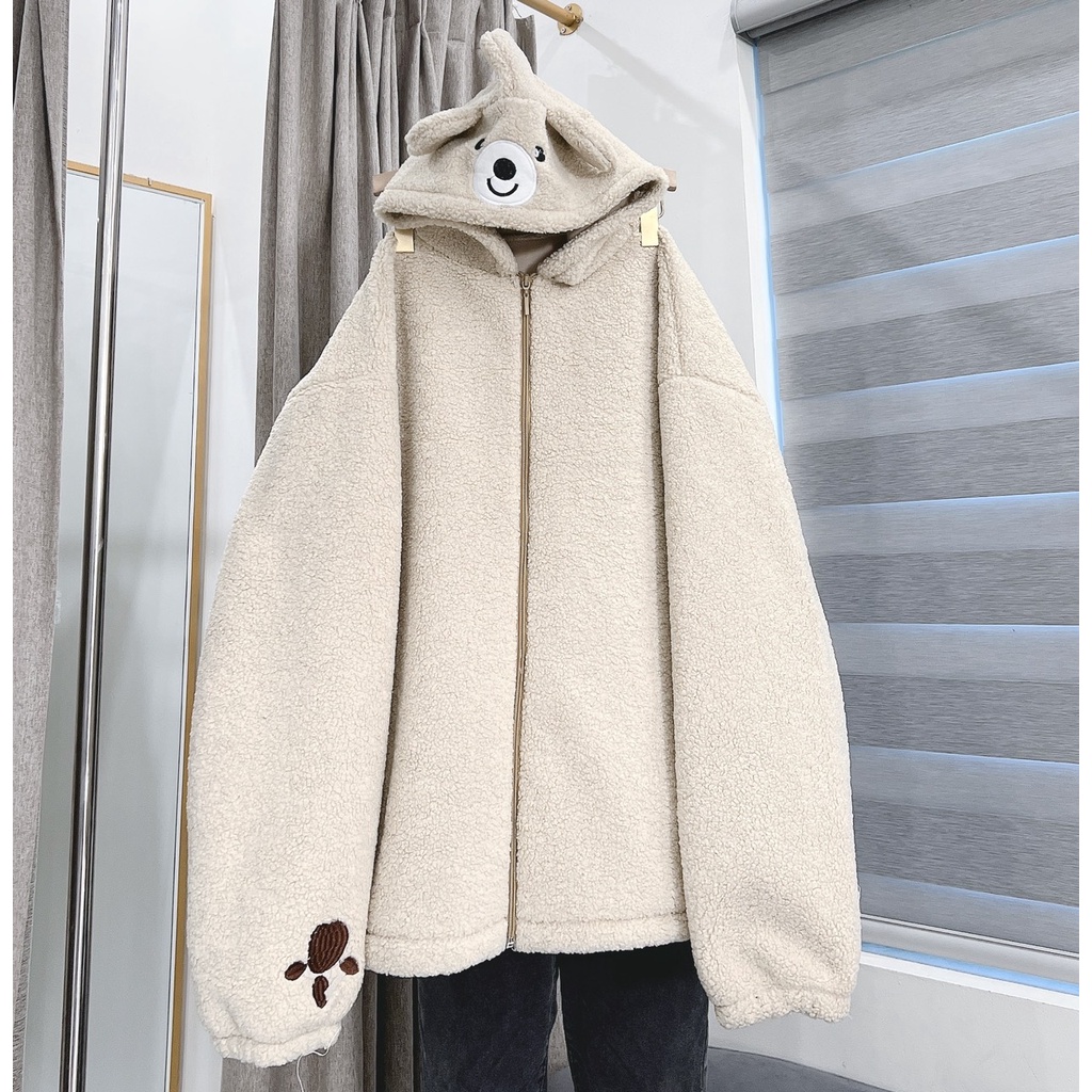 Khoác Lông Gấu Màu Be Chất Lông Dày Nam Nữ Unisex Dáng Rộng Form To