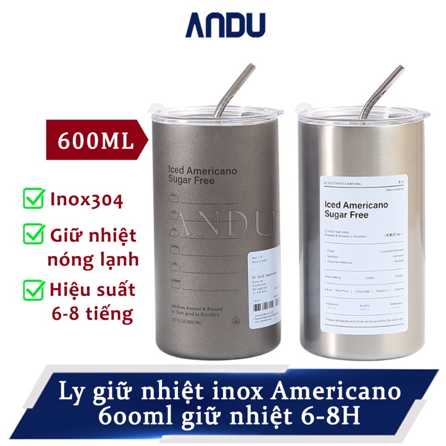 Cốc Giữ Nhiệt INOX Iced Americano Chống Rò Kèm Ống Hút, Dung Tích 0,6L Giữ Nhiệt 6-8 Tiếng