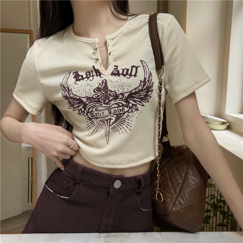 IELGY      Áo Thun Ngắn Cổ Chữ v Dáng Ôm In Họa Tiết Thời Trang Cho Nữ