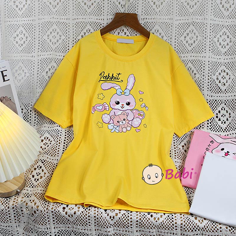 Áo thun form rộng ngắn tay in hình cho mẹ và bé, Áo Babi phong cách Hàn Quốc thun cotton cao cấp bé gái size đại 17-55kg