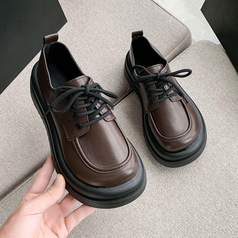 One more shoes Giày Da Đế Dày Buộc Dây Mềm Mại Thoải Mái Phong Cách retro Pháp Cho Nữ