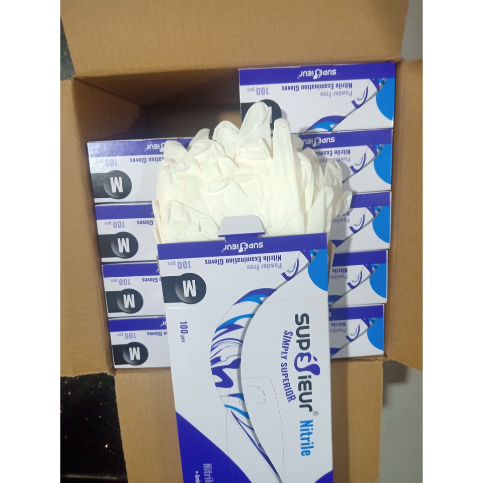 Hộp 100 cái Găng tay y tế Nitrile trắng SUPERIEUR, chuyên thực phẩm , công nghiệp phòng sạch và chuyên phun xăm thẩm mỹ