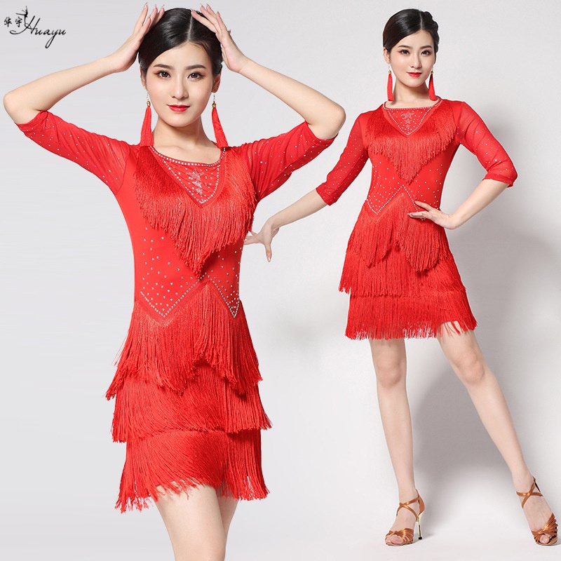 Đầm Khiêu Vũ latin Phối Tua Rua Phong Cách Mới Cho Nữ a8 a8