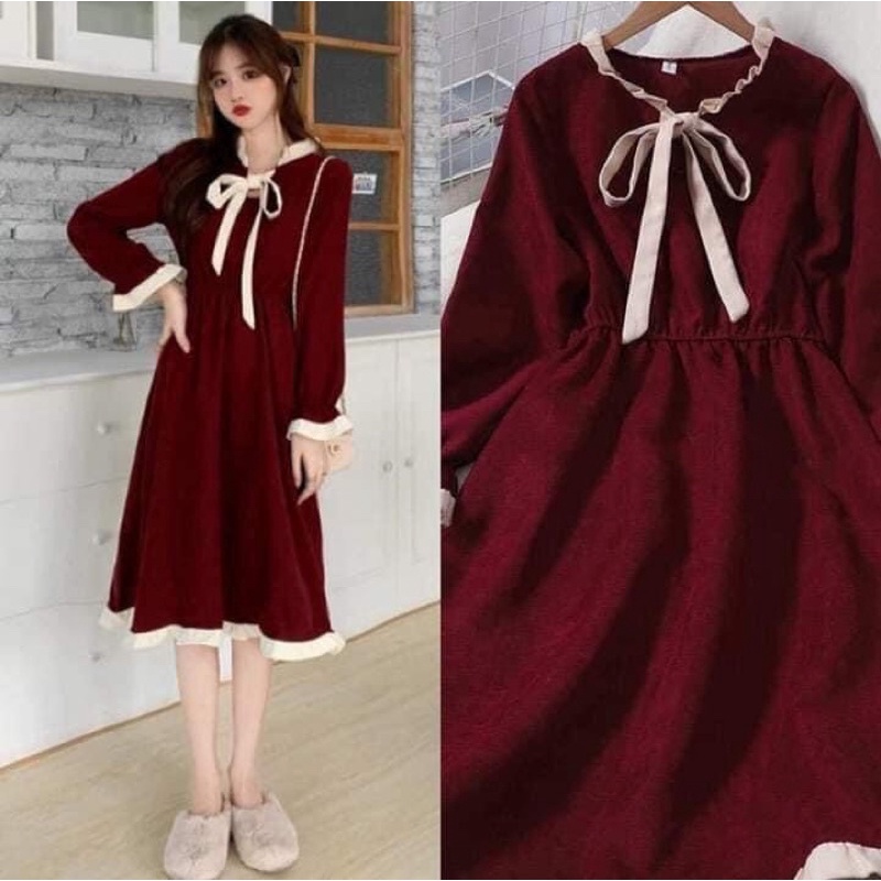 Đầm bầu váy bầu mùa đông cổ bèo chất tăm nhung màu đỏ đô đẹp và tôn da