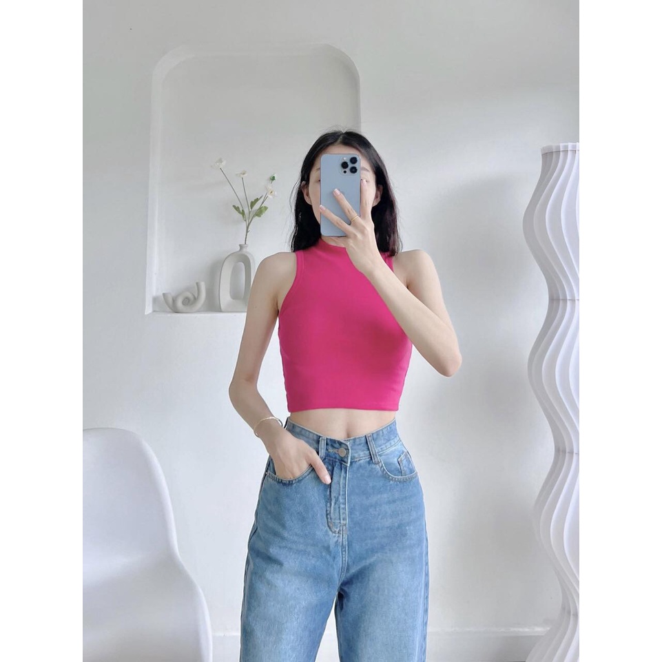 Áo croptop nữ trơn sát nách cổ lọ thun bo gân cao cấp co giãn form basic màu sắc trẻ trung CA095197