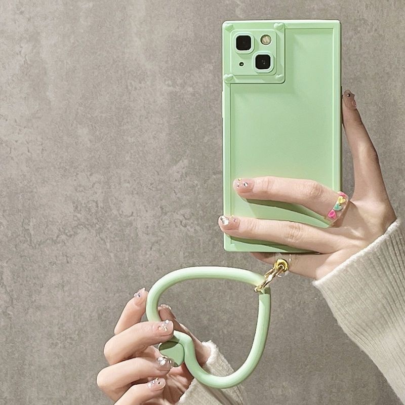 Ốp Điện Thoại Hình Vuông Màu Kẹo / Vàng / Trắng Kèm Dây Đeo Tay Sang Trọng Cho IPhone 12 13 14 11 Pro Max X Xs Max Xr