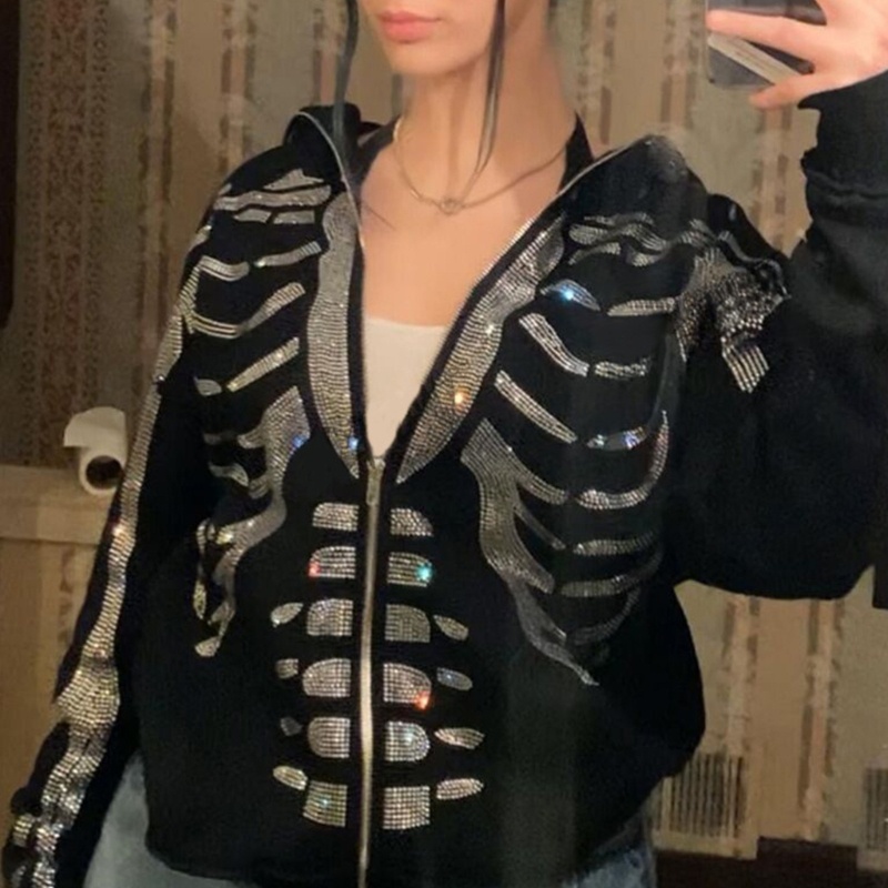 Comereally Áo Khoác hoodie Có Khóa Kéo In Hình Bộ Xương halloween Thời Trang Thu Đông Cho Nữ