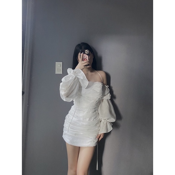 Mell02 dress - Váy tơ xước trắng nhún Onmellem