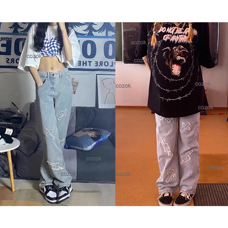 QUẦN JEANS ỐNG RỘNG HÌNH THÊU T-A-N DÁNG SUÔNG PHONG CÁCH HÀN QUỐC-QJT028-có size Nam Nữ dể phối đồ màu Xanh Jeans đen