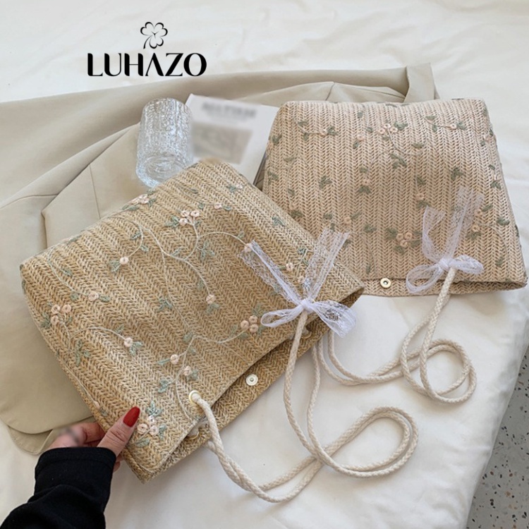 Túi cói đeo vai sức chứa lớn phối ren thêu hoa LUHAZO phong cách phương tây thời trang cho nữ K4T5-3