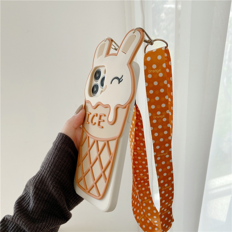 For Samsung Galaxy S22 S21 S20 S10 S9 S8 Plus S21FE S20FE Note 20 10 9 8 3D Ice cream rabbit cartoon mobile phone case with lanyard
