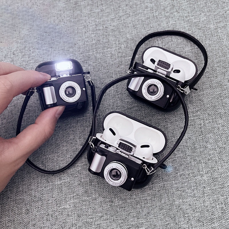 vỏ case đựng airpod 3 2 pro máy ảnh đen - chống bám bụi va đập, chất ốp mềm mại 1078