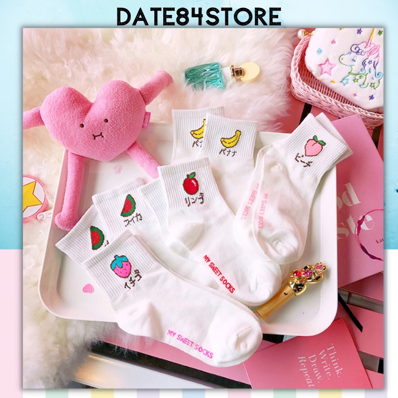 Tất vớ nam nữ cổ trung chất liệu cotton họa tiết trái cây Date84store