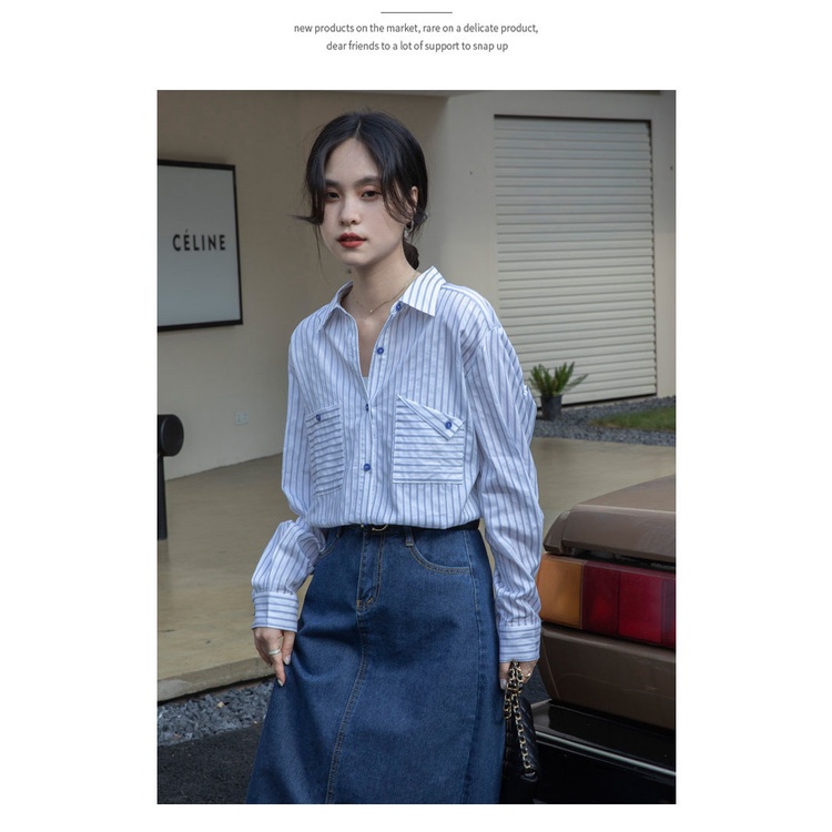 Áo Sơ Mi Tay Dài Kẻ Sọc Xanh Dương Phong Cách Pháp Thời Trang Mùa Thu Mới 2022 Cho Nữ