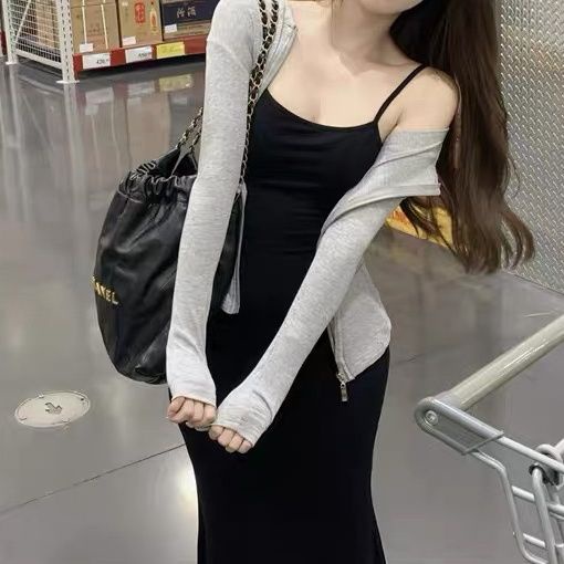 COZOK Bộ Đầm Sát Nách + Áo Dài Tay Phối Khóa Kéo Quyến Rũ Cho Nữ