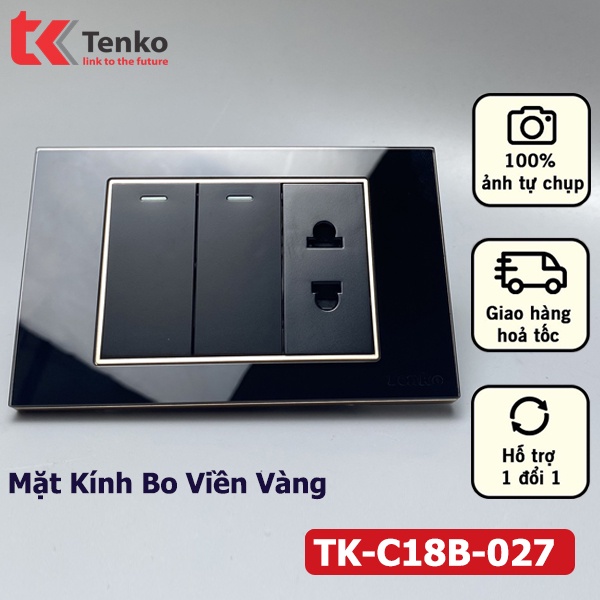 Công tắc 2 Hạt Kèm Ổ Cắm Điện Âm Tường Mặt Kính Cường Lực Màu ĐEN bo viền VÀNG Thương Hiệu Nhật Bản tENKO TK-C18B-027