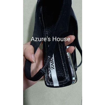 Giày Xăng đan đen nữ mũi vuông trendy , slingbacks zara đế bằng hở gót, da giả vân rắn