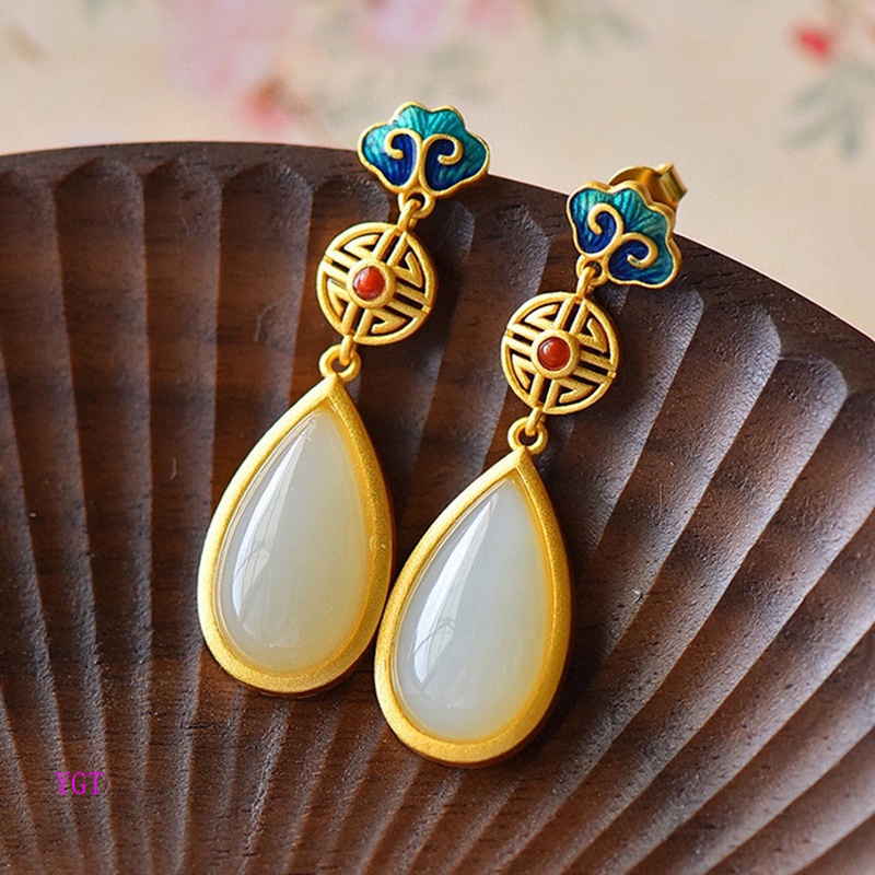 Ygt Bông Tai Ngọc Bích Bằng Bạc Tráng Men Thiết Kế Đơn Giản Thời Trang