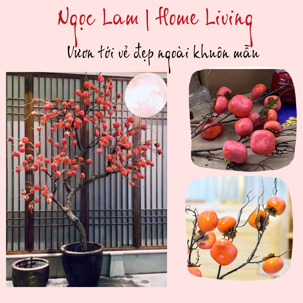 Cành quả hồng giả chất liệu cao cấp 6 quả màu sắc tự nhiên trang trí phòng ngủ phòng khách quán cafe nhà hàng