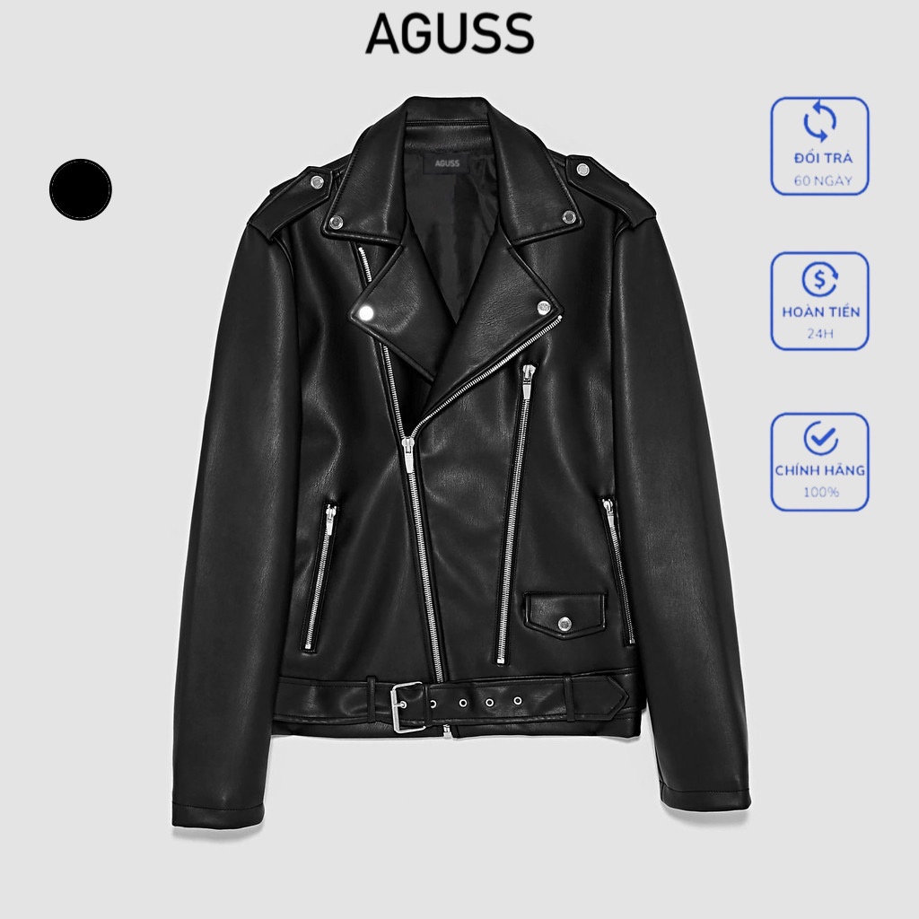 Áo khoác da biker AGUSS Fullbox, chất da nhân tạo nhập khẩu cao cấp | Áo da biker jacket đen