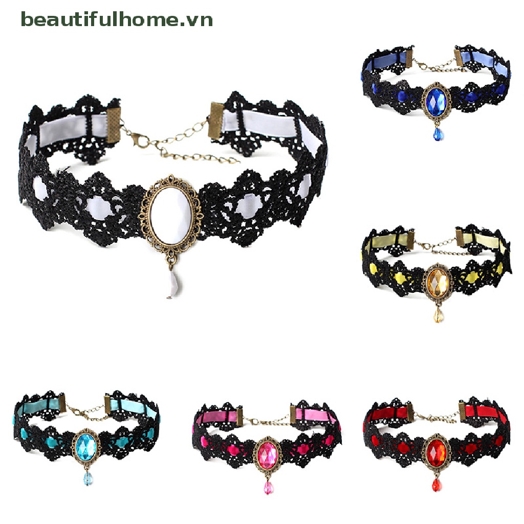 [beautifulhome] Vòng Cổ Choker Ren Nhung Đen Đính Pha Lê Phong Cách Gothic Cổ Điển [beauty]