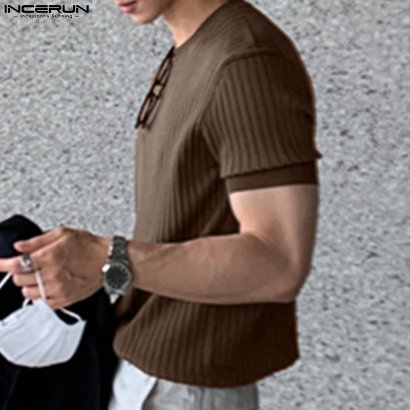 Áo thun Incerun tay ngắn màu trơn họa tiết kẻ sọc thời trang mùa hè cho nam | BigBuy360 - bigbuy360.vn