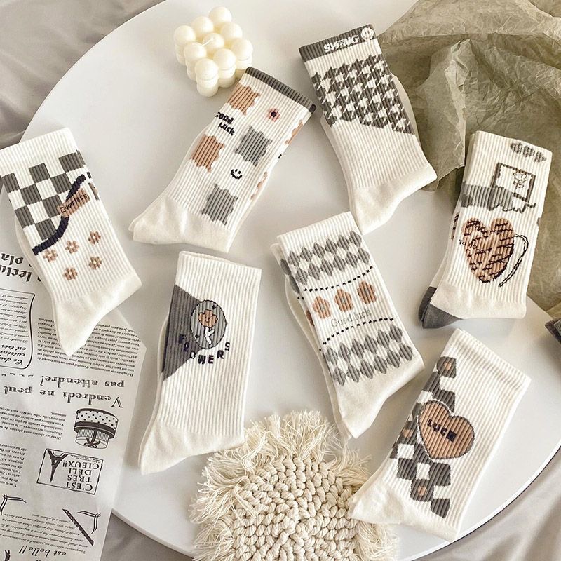 Tất Vớ Nữ Cổ Cao Loại Dày Cotton Mịn Hình khối Phong Cách Nhật Bản - Mã D2R13