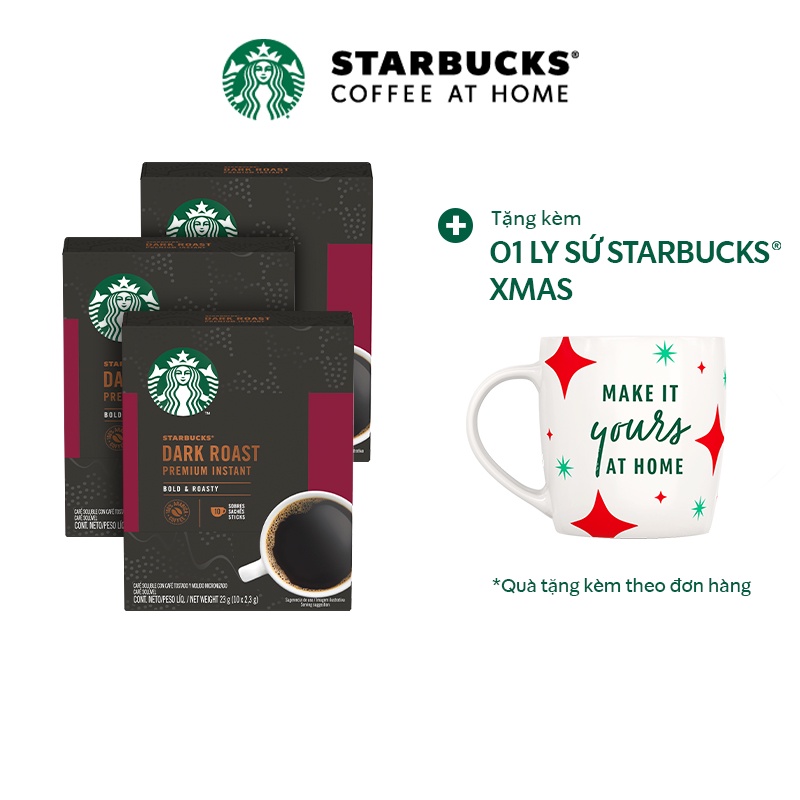 [Tặng 01 Ly sứ Starbucks® Xmas] Combo 3 Hộp Cà phê đen hòa tan cao cấp Starbucks® Rang Đậm ( Hộp 10 gói x 2.3g )