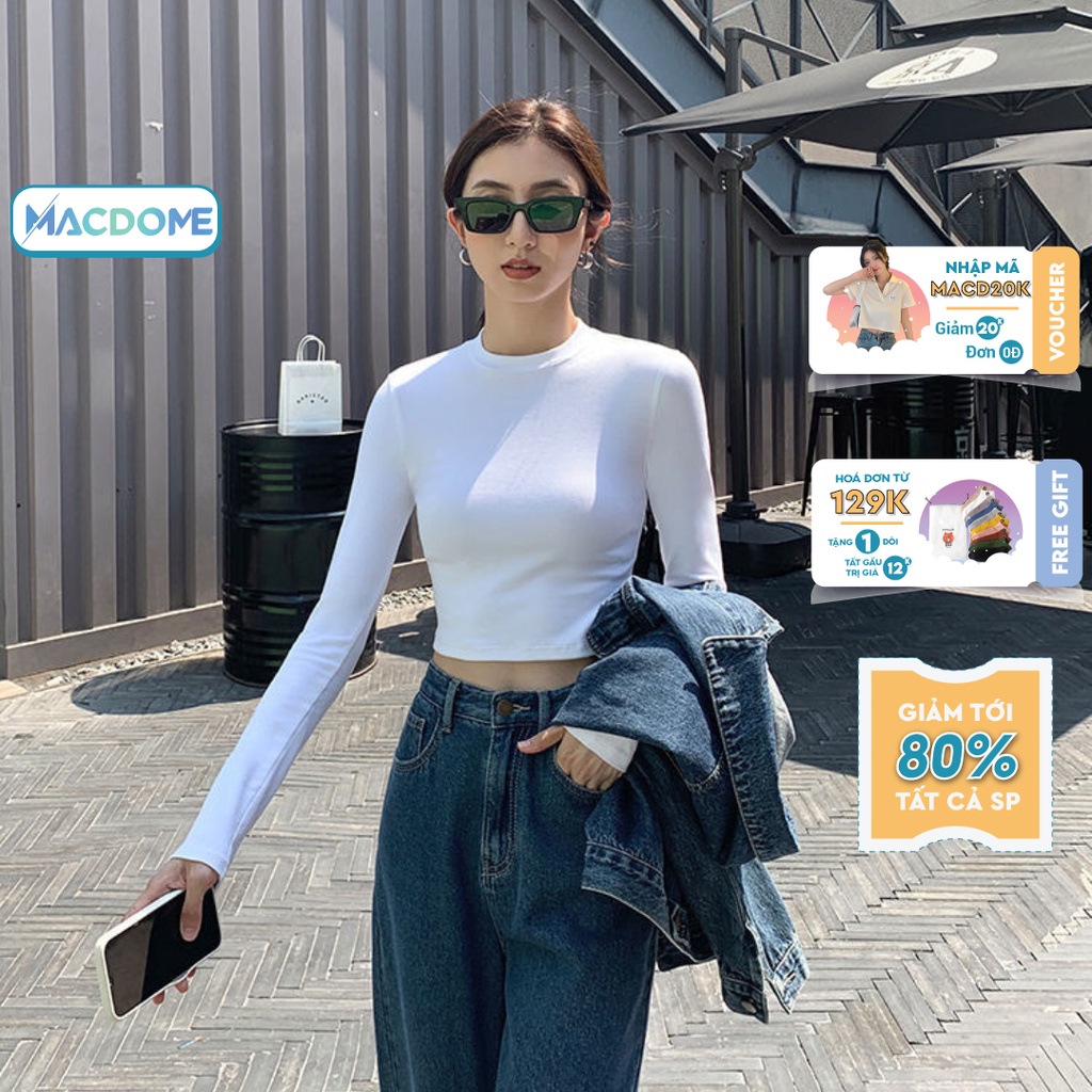 Áo croptop dài tay nữ MACDOME cổ cao giữ nhiệt ấm kiểu ôm body tank top vải cotton co giãn tốt AG004