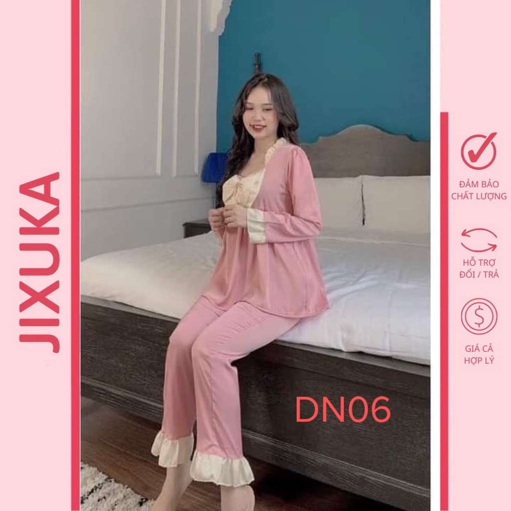 Bộ ngủ dài tay đính nơ, Bộ pijama dài tay cao cấp - Shop Jixuka