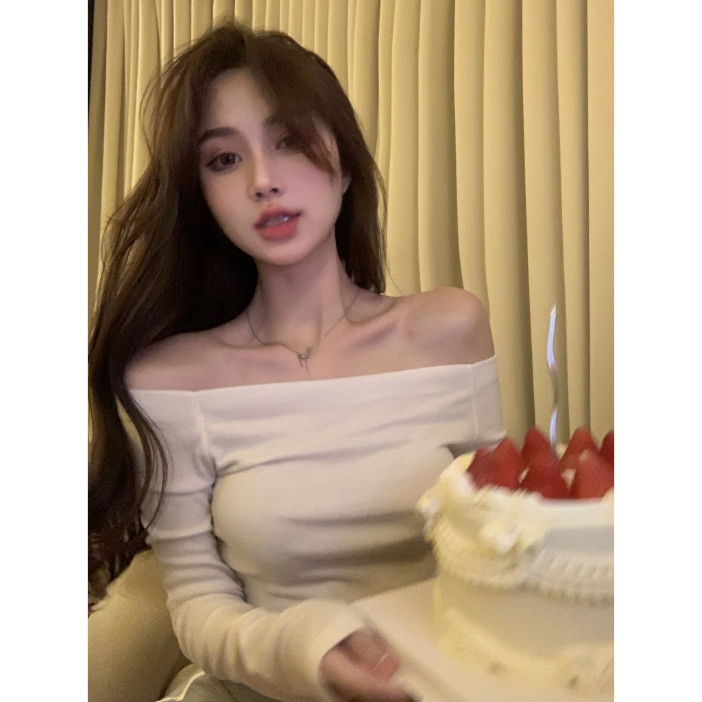 Nevaeh Áo Thun Tay Dài Màu Trơn Ôm Dáng Màu Trơn Thiết Kế Hở Vai Thời Trang Mùa Thu Hàn Quốc Cho Nữ