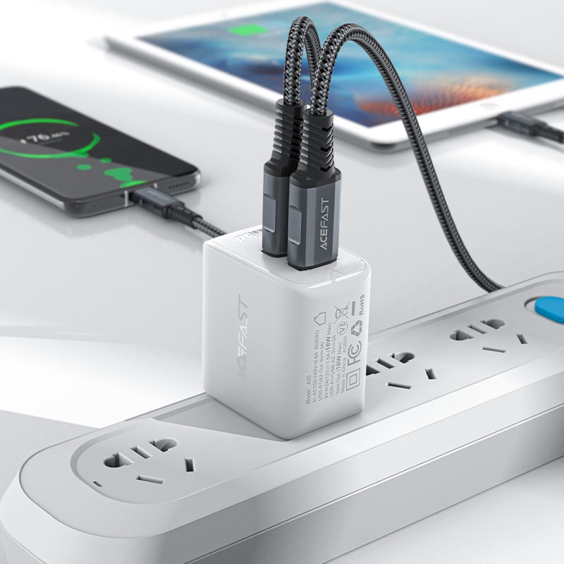 Sạc ACEFAST A35 công suất 18W chuẩn QC, 2 cổng USB-A hỗ trợ sạc nhanh PD, chân gập US - Hàng chính hãng